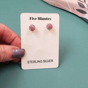 Five Minutes, NWT, sterling silver pink rhinestone ball stud pierced earrings